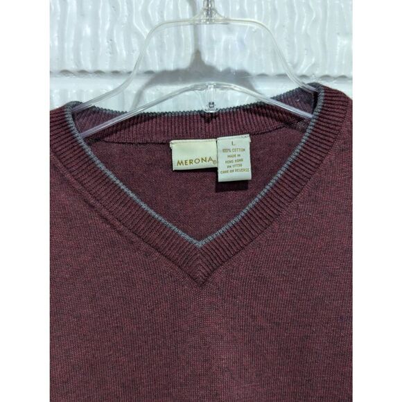 Merona Men's Burgundy Solid Long-Sleeve Cotton Pullover V-Neck Sweater Size L - Picture 2 of 6
